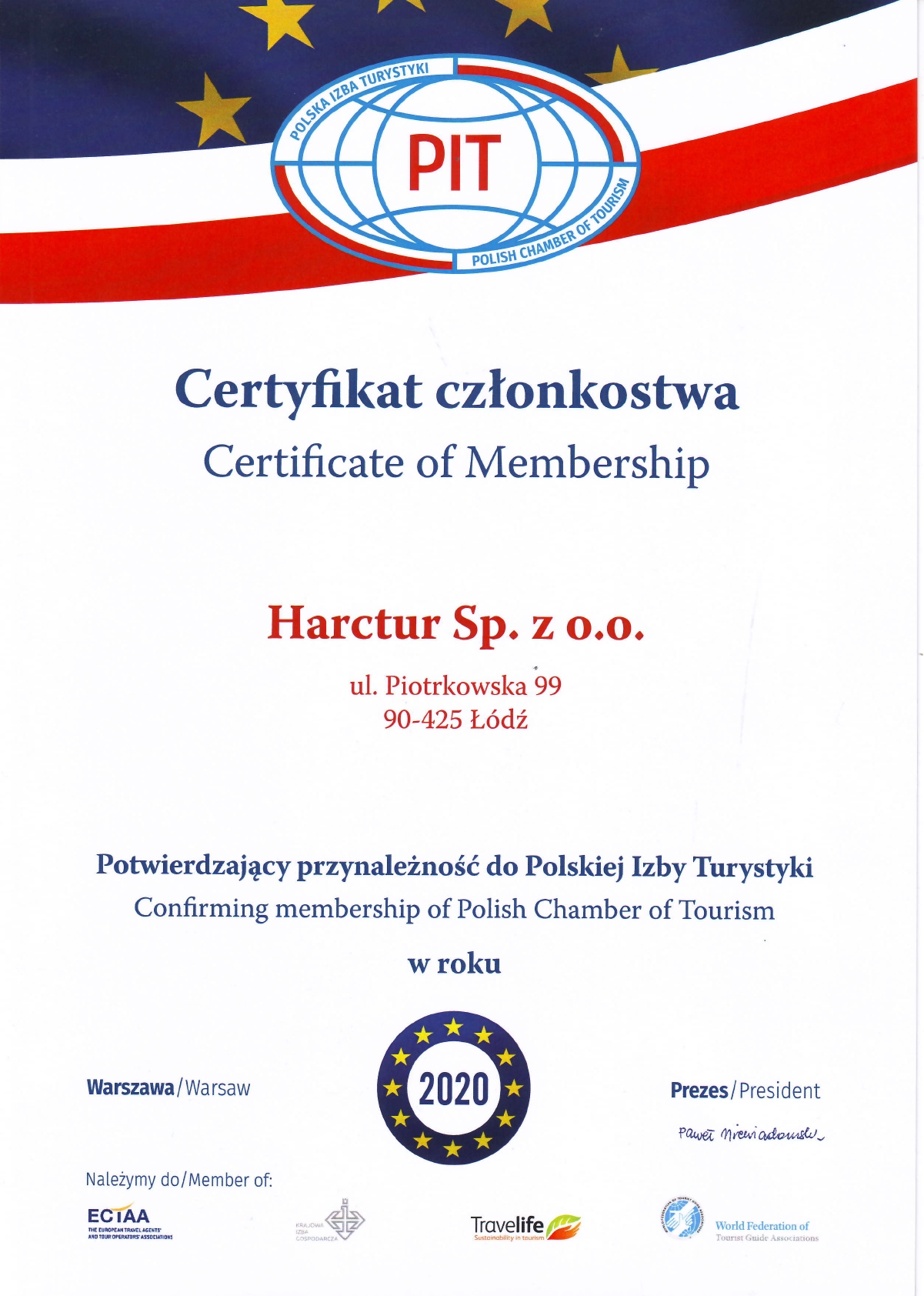 Certyfikat Polskiej Izby Turystyki